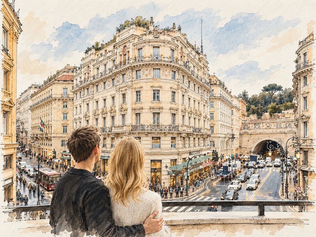 Watercolour of two people looking at the complex from a terrace