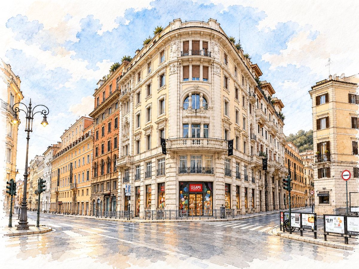 Watercolour of the Via del Tritone building in Rome, with the Legami store at street level