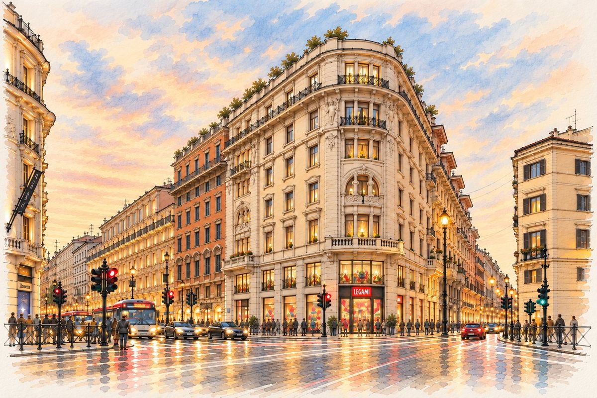 Watercolour of the Via del Tritone complex at sunset, with the lights on