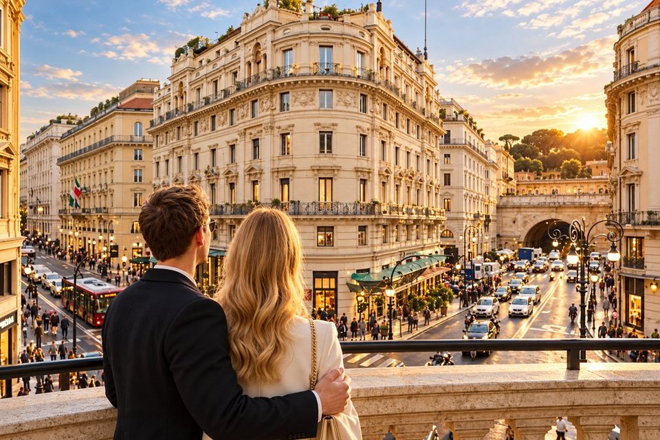 Two people look at the Via del Tritone complex from a terrace at sunset