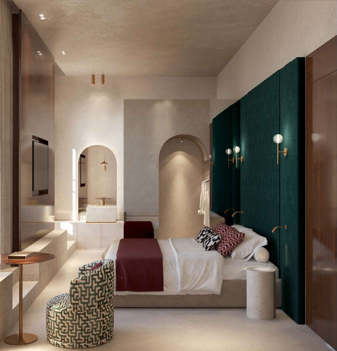 Render di una camera con parete in velluto verde