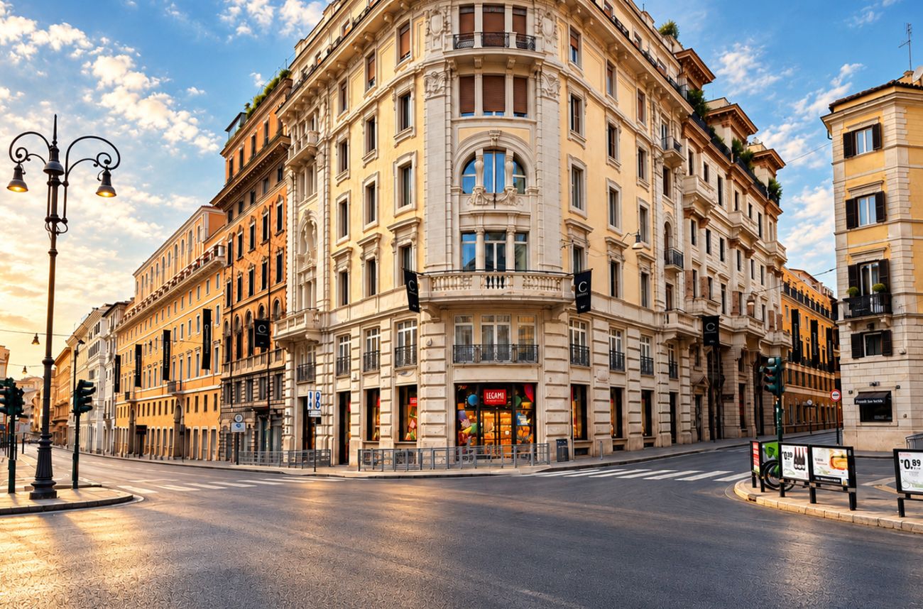 The Via del Tritone complex in Rome, from watercolour to photograph